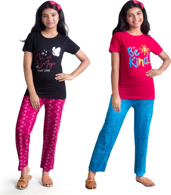 SVD Fashion Kids Nightwear Girls Printed Cotton(Multicolor Pack of 2)