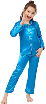 VCD FASHION TREND Kids Nightwear Boys & Girls Solid Pure Satin(Light Blue Pack of 1)