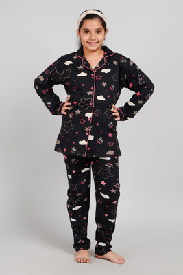 Bloem Kids Nightwear Girls Printed Cotton(Black Pack of 1)
