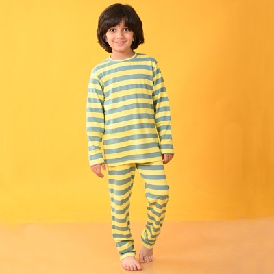 anthrilo Kids Nightwear Boys Striped Cotton Blend(Green Pack of 1)