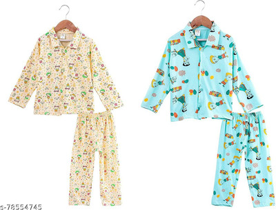 KUSHI LIFESTYLE Kids Nightwear Boys & Girls Graphic Print Cotton Blend(Multicolor Pack of 2)