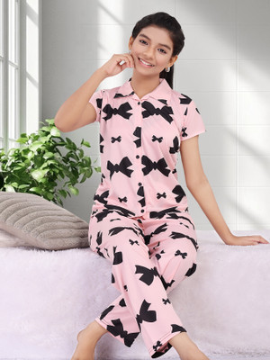Trade Zone Kids Nightwear Girls Printed Polyester Blend(Pink Pack of 1)