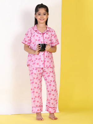 maaesa Kids Nightwear Girls Printed Cotton Blend(Pink Pack of 1)