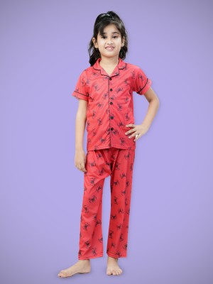 BURBN Kids Nightwear Girls Printed Cotton Blend(Red Pack of 1)