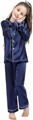 VC FASHION HUB Kids Nightwear Girls Solid Pure Satin(Dark Blue Pack of 1)