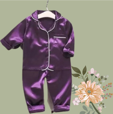 VC FASHION HUB Kids Nightwear Girls Self Design Pure Satin(Purple Pack of 1)