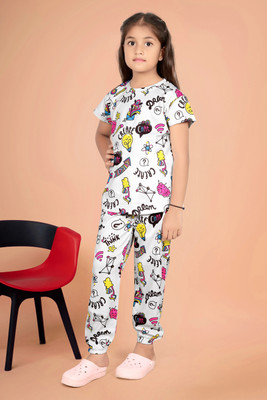 Amreliya Enterprise Kids Nightwear Girls Printed Cotton(White Pack of 1)