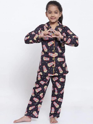 VARDISH ENTERPRISE Kids Nightwear Girls Printed Cotton Blend(Black Pack of 1)