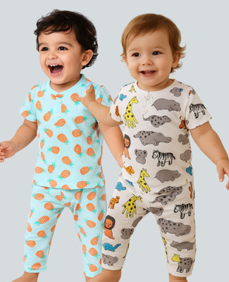 SUPERSQUAD Kids Nightwear Baby Boys & Baby Girls Graphic Print, Printed Cotton(Multicolor Pack of 2)