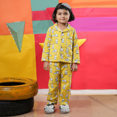 Babywish Kids Nightwear Boys & Girls Printed Cotton Blend(Yellow Pack of 2)