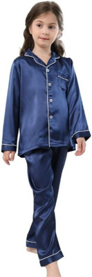 VC FASHION HUB Kids Nightwear Girls Solid Pure Satin(Dark Blue Pack of 1)