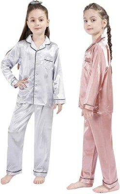 VCD FASHION HUB Kids Nightwear Baby Boys & Baby Girls Self Design Pure Satin(Multicolor Pack of 2)