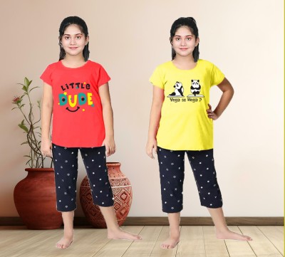 Cute N Tight Kids Nightwear Girls Printed Cotton(Multicolor Pack of 2)