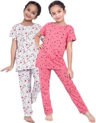 Fasla Kids Nightwear Girls Printed Cotton(White Pack of 2)