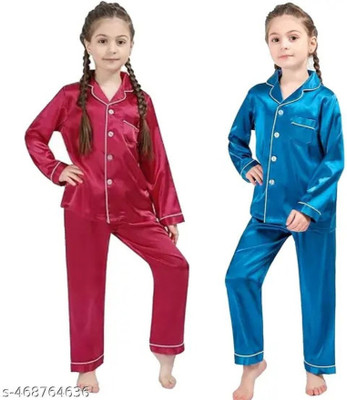 VC FASHION HUB Kids Nightwear Girls Solid Pure Satin(Light Blue Pack of 2)