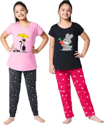 DRUZZEE Kids Nightwear Girls Printed Cotton Blend(Multicolor Pack of 2)