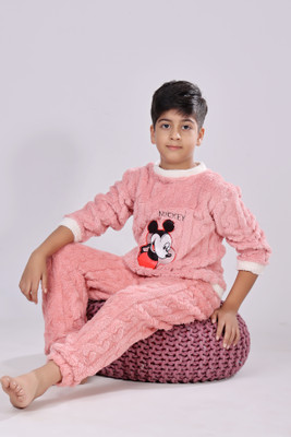 Stem Rope Kids Nightwear Boys & Girls Self Design Fleece Blend(Pink Pack of 1)