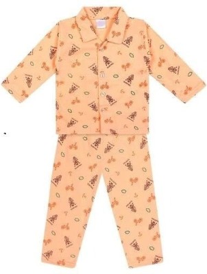 S R Enterprises Kids Nightwear Girls Printed Cotton Blend(Orange Pack of 1)