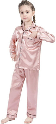 VC FASHION HUB Kids Nightwear Baby Boys & Baby Girls Solid Pure Satin(Pink Pack of 1)