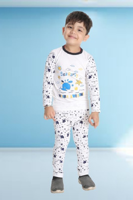 Smuktar garments Kids Nightwear Boys Printed Cotton Blend(White Pack of 1)