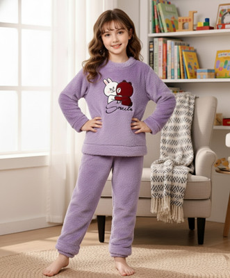 Keenuu Kids Nightwear Boys & Girls Self Design Fleece Blend(Purple Pack of 1)