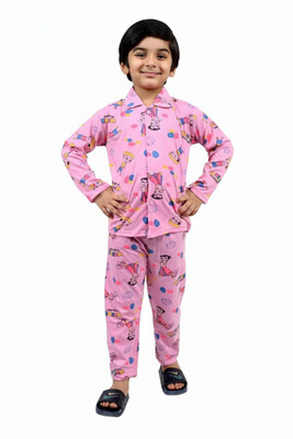 Dresstoimpress Kids Nightwear Boys & Girls Printed Cotton Blend(Pink Pack of 1)