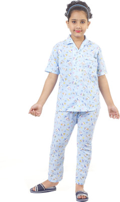KJD Kids Nightwear Girls Printed Cotton Blend(Blue Pack of 1)