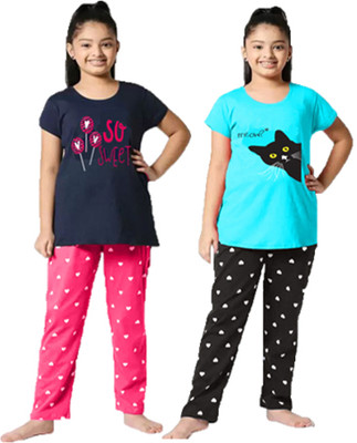 DRUZZEE Kids Nightwear Girls Printed Cotton Blend(Multicolor Pack of 2)