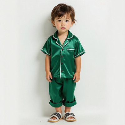 Aggarwalsales Kids Nightwear Baby Boys & Baby Girls Self Design Pure Satin(Green Pack of 1)