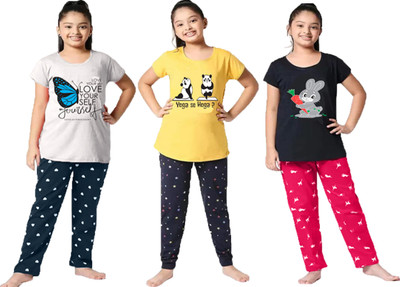 DRUZZEE Kids Nightwear Girls Printed Cotton Blend(Multicolor Pack of 3)