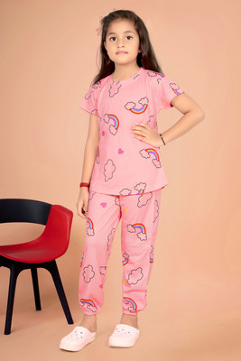 Amreliya Enterprise Kids Nightwear Girls Printed Cotton(Pink Pack of 1)