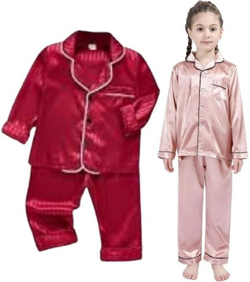 S R FASHION HUB Kids Nightwear Boys & Girls Solid Pure Satin(Red Pack of 2)