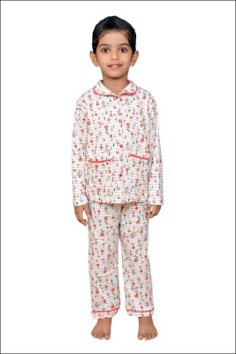 MUSFIRAKIDSWEAR Kids Nightwear Boys & Girls Floral Print Cotton(White Pack of 2)