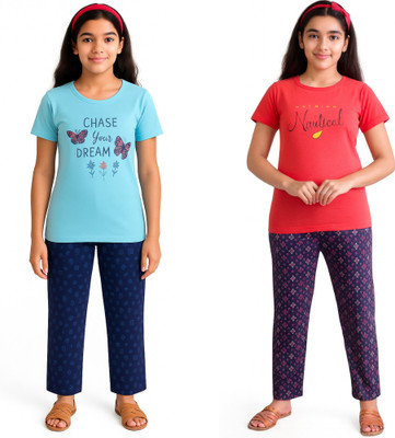 SVD Fashion Kids Nightwear Girls Printed Cotton Blend(Multicolor Pack of 2)