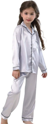 VC FASHION HUB Kids Nightwear Girls Solid Pure Satin(Grey Pack of 1)