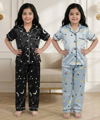Amreliya Enterprise Kids Nightwear Girls Printed Cotton(Multicolor Pack of 2)