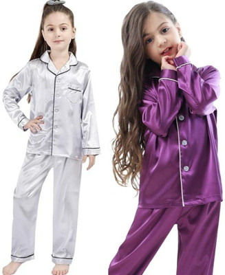 Vdc Creation Hub Kids Nightwear Baby Boys & Baby Girls Solid Pure Satin(Multicolor Pack of 2)