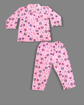 KAGA FANCY DRESSES Kids Nightwear Girls Printed Cotton Blend(Light Blue Pack of 1)