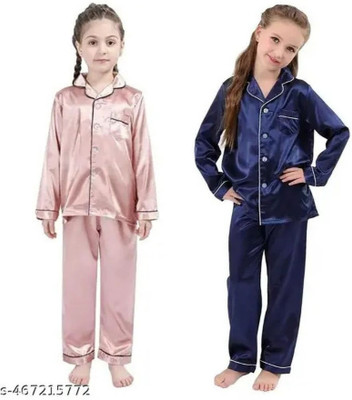 VC FASHION HUB Kids Nightwear Girls Solid Pure Satin(Blue Pack of 2)