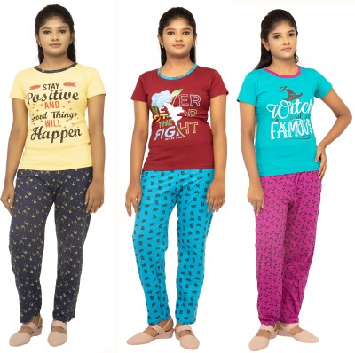 pink you Kids Nightwear Girls Printed Cotton Blend(Multicolor Pack of 3)