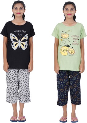 Ctg Kids Nightwear Girls Printed Cotton(Light Green Pack of 2)