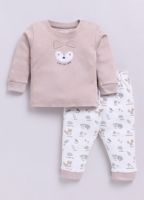 Smart Baby Baby Boys & Baby Girls Casual T-shirt Pyjama(Brown & White)