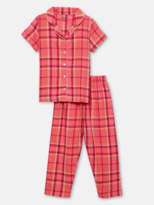 Mackly Kids Nightwear Girls Checkered Cotton Blend(Pink Pack of 2)