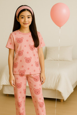 vrajraj Kids Nightwear Girls Printed Polyester Blend(Pink Pack of 1)