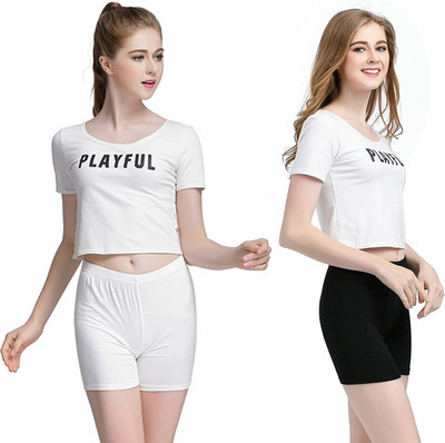 WKLOUYHE Short For Girls Casual Solid Cotton Blend(Black, Pack of 2)