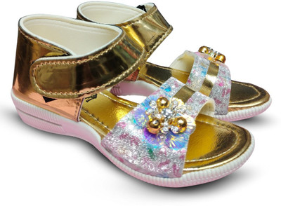 TrendStation Girls Velcro Strappy Sandals(Gold , 6-6.5 Years)