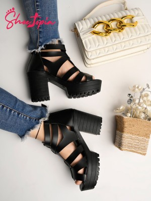 SHOETOPIA Girls Slip-on Heels(Black)