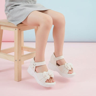 RIM FOOTWEAR Barbie Girls Strap Wedges(White , 4.5 - 5 years)