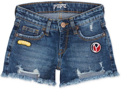 Pepe Jeans Short For Girls Casual Solid Cotton Blend(Blue, Pack of 1)
