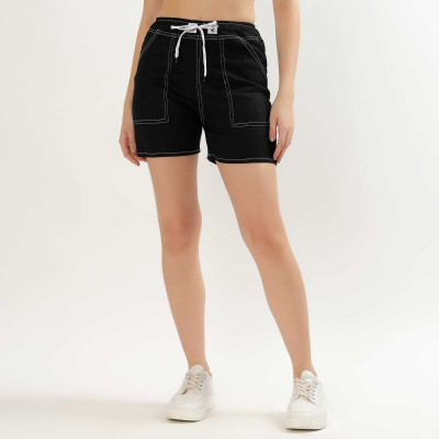 Ghenzcraft Short For Girls Casual Self Design Denim(Black, Pack of 1)